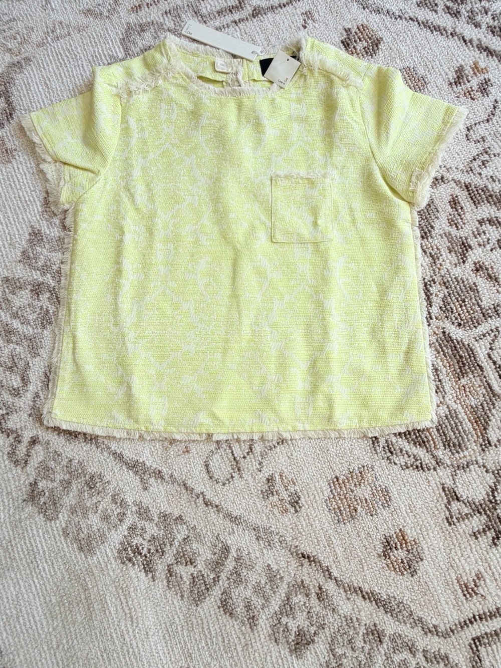 Line & Dot Yellow Jacquard Fringed Short Sleeve Top XS Tweed Fringe Crop Blouse
